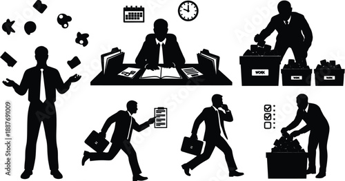 Black Silhouettes of Businessmen Working and Juggling Tasks Vector Set