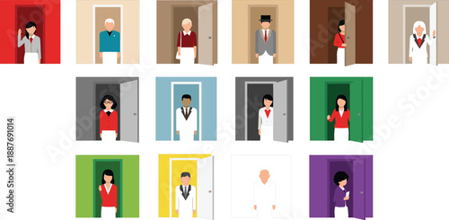 People standing in open doors vector illustration set showing different characters, entrances, opportunities, choices, and welcome concepts