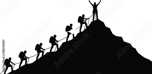 Black Silhouette of Climbers Ascending Mountain Peak with Victorious Person