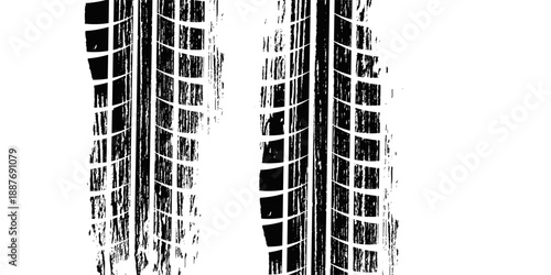 Tire track. Car, bike, motorcycle tyre mark with grunge effect isolated on white background. Wheel footprint on the road. Top view of rubber protector mark.