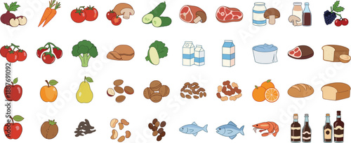 Healthy food ingredients vector illustration set with fruits, vegetables, meat, dairy, bread, fish, nuts, and beverages