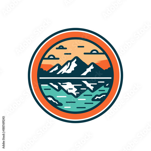 Serene mountain and lake landscape with vibrant colors and minimalist circular design capturing natural tranquility