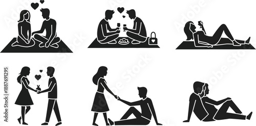 Romantic couple silhouettes vector icons set