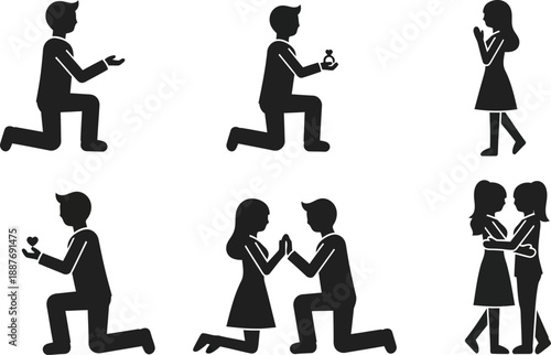 Marriage proposal and romantic couple silhouettes vector set