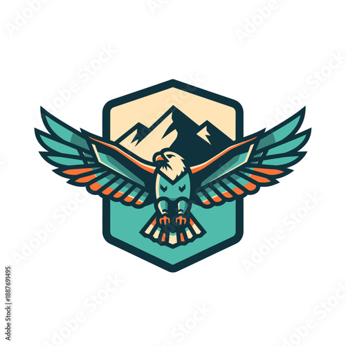 Dynamic eagle emblem with mountain backdrop symbolizing strength and adventure for outdoor branding or team insignia design