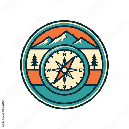Vivid outdoor adventure illustration featuring majestic mountains and a navigational compass for exploration enthusiasts