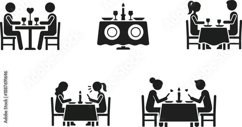 Romantic dinner and dining icons set