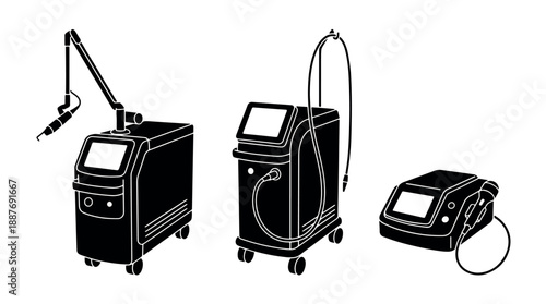 Set of three modern medical laser devices for aesthetic treatments.