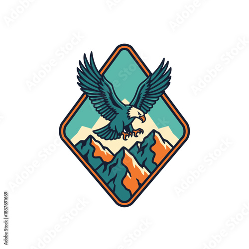Adventure emblem featuring soaring eagle with outstretched wings over rugged mountain peaks within a geometric badge design