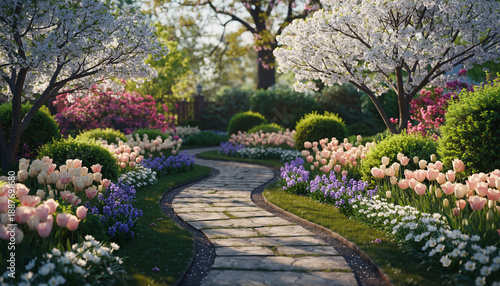 A serene pathway meanders through a vibrant spring garden bursting with blooming cherry trees and colorful tulips, creating a picturesque natural scene