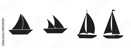 Minimal sailboat silhouettes collection showing various yacht profiles, nautical marine illustration set for stock use
