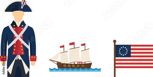 American revolutionary war veteran soldier with colonial ship and betsy ross flag vector