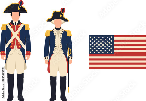 George washington and revolutionary soldiers vector illustration with american flag