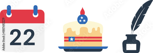 George washington birthday celebration vector set including calendar cake and quill inkwell