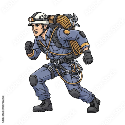 Illustration of a male worker wearing a safety harness and helmet running on a white background.