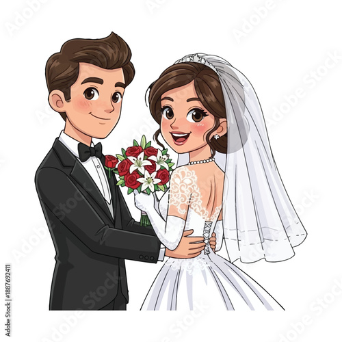 Cartoon illustration of a smiling bridegroom and bride in wedding attire holding a bouquet against a white background.