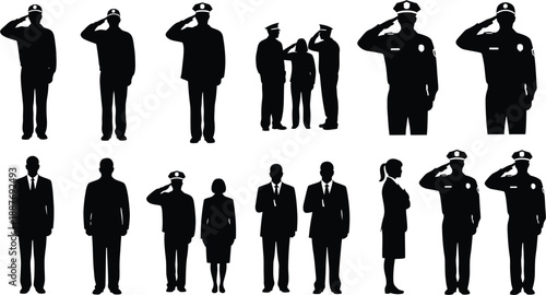 Silhouettes of Saluting Police Officers and Business People Vector Set