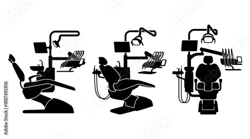 Three detailed silhouettes of modern dental chairs with equipment.