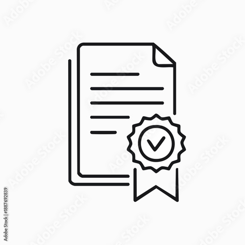 Black and white line art icon depicting official certified document with approval badge and checkmark.