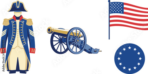 US military uniform, cannon, American flag, historical vector illustration, war
