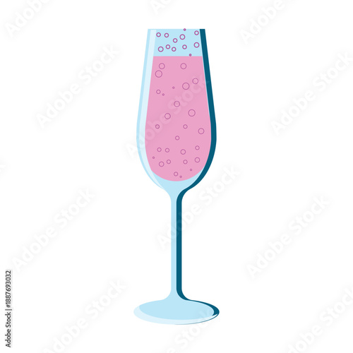 Tall pink champagne flute glass, vector color illustration in flat style. Festive sparkling wine on an isolated background.