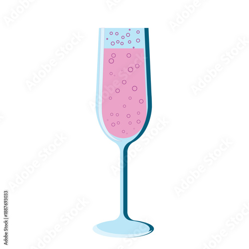 Tall pink champagne flute glass, vector color illustration in flat style. Festive sparkling wine on an isolated background.