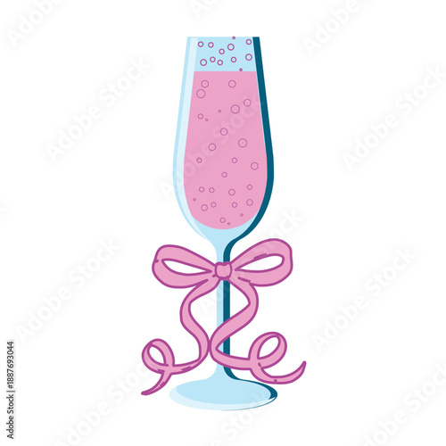 Tall pink flute champagne glass decorated with a pink bow vector color illustration in flat style. Festive whimsical sparkling wine on an isolated background. Flirty coquette sparkling cocktail 