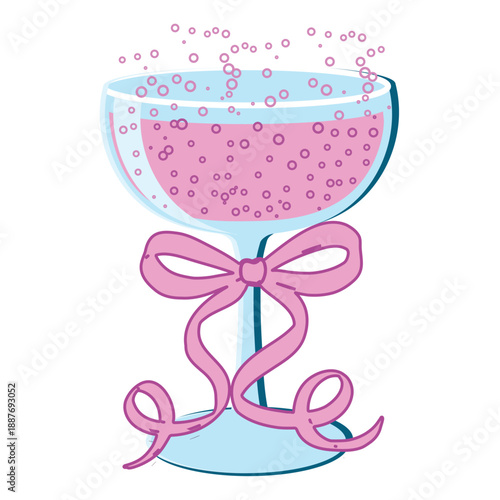 Wide coupe pink champagne glass decorated with a pink bow vector color illustration in flat style. Festive whimsical sparkling wine on an isolated background. Flirty coquette retro sparkling cocktail 