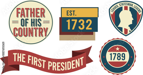 Vintage george washington themed vector illustration set with banners and emblems