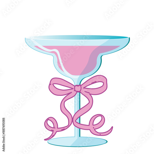 Pink cocktail in a margarita glass flat vector illustration. Women's party bachelorette drink tied with a bow and ribbons. Whimsical drink with . Playful cabaret style event.