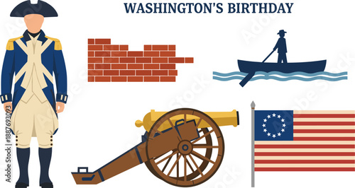 Washington birthday soldier boat cannon flag illustration vector