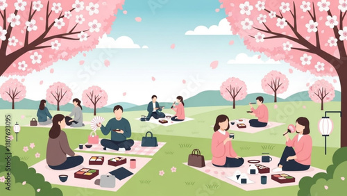 People Having Picnic under Cherry Blossom Trees during Spring