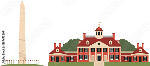 Washington monument and mount vernon vector silhouette illustration on transparent background
