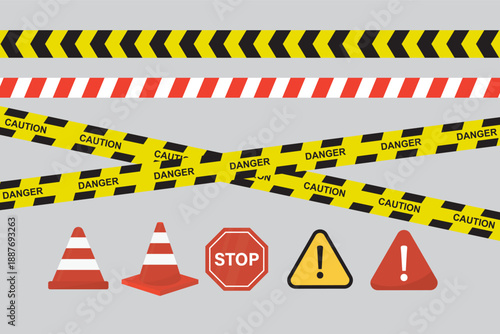 Attention signs set. Police tapes, road cones and signs, equipment. Collection of warning tapes, icons and stop symbols.