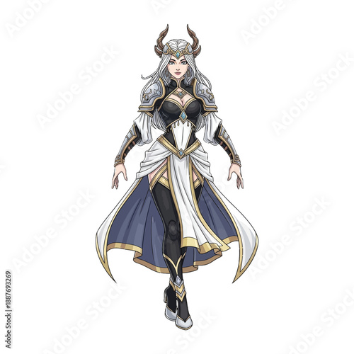 Full-body illustration of a female warrior character with a horned helmet and armor against a white background.