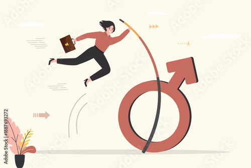 Confident woman pole vault overcome gender inequality., discrimination. Standing up for their rights, facing the problem of gender inequality in business,