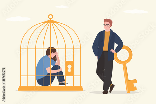 Domestic violence, bullying or abuse. Man has locked woman in cage and standing next to key. Restrictions, discrimination against women. Gender inequality. Social problems.