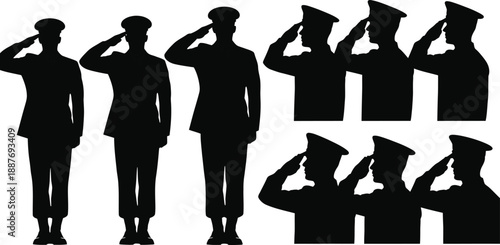 Black Silhouette Vector Set of Saluting Military Officers