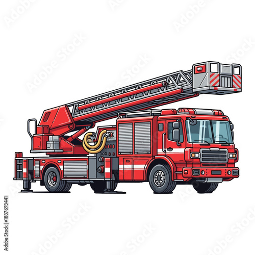 Illustration of a red fire truck with an extended ladder against a white background