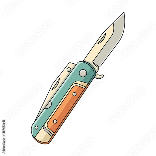 Illustration of a folding pocket knife with teal, orange, and beige colors on a white background.