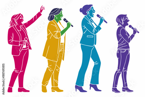 set of Female speaker with microphone silhouette vector illustration, isolated on white background