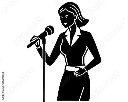 Female speaker with microphone silhouette vector illustration, isolated on white background