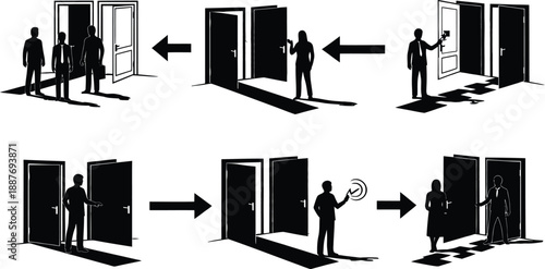 Black and white silhouette sequence of people interacting with doors, illustrating choices and opportunities