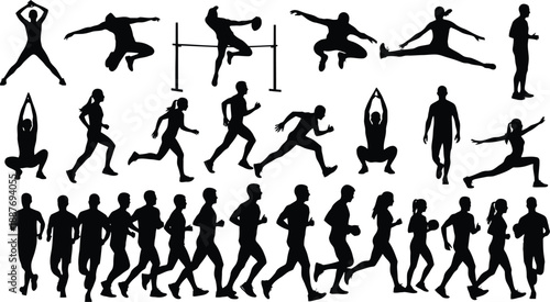 Black Silhouettes of People Exercising and Running on White Background