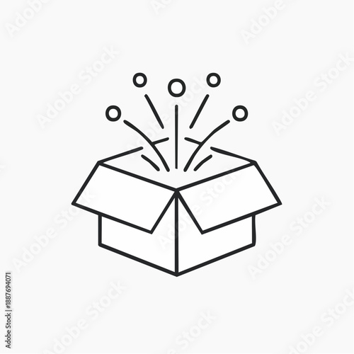 Line art icon of an open box with radiating lines and circles, symbolizing innovation, ideas, or a surprise emerging from within.
