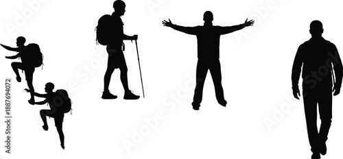 Black Silhouettes of People Hiking, Climbing, and Walking on White Background