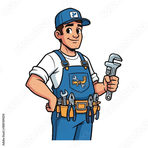 Cartoon illustration of a smiling handyman wearing blue overalls and holding a wrench
