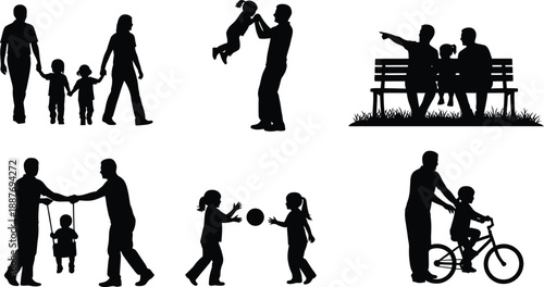 Black Silhouettes of Fathers and Children Playing and Interacting