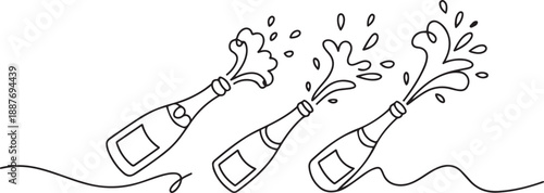 champagne bottles with cork shooting. One line drawing of an isolated vector object, one line Art icon drawing vector