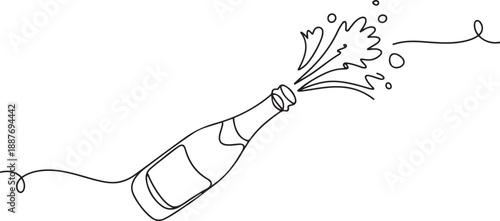 champagne bottles with cork shooting. One line drawing of an isolated vector object, one line Art icon drawing vector